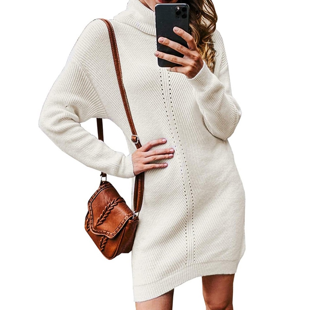 Cream turtleneck sweater dress long sleeve mini